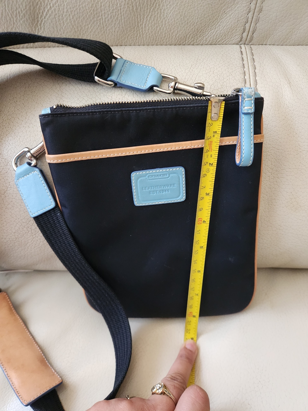 Coach Black Crossbody Bag with Light Blue and Tan Trim
